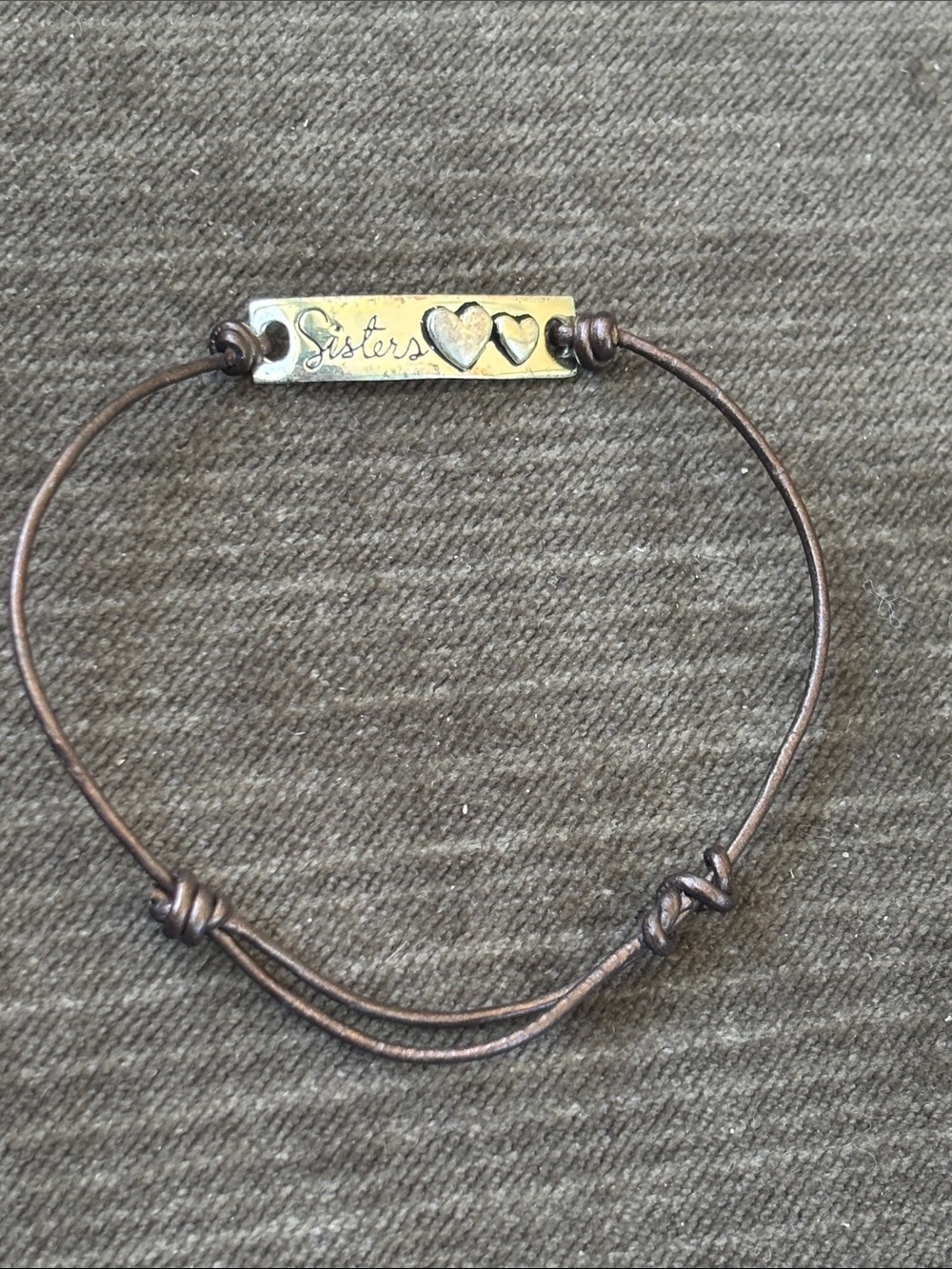 .925 Sterling Silver Sisters Bracelet with 2 Hearts - Brown Cord Cursive Writing
